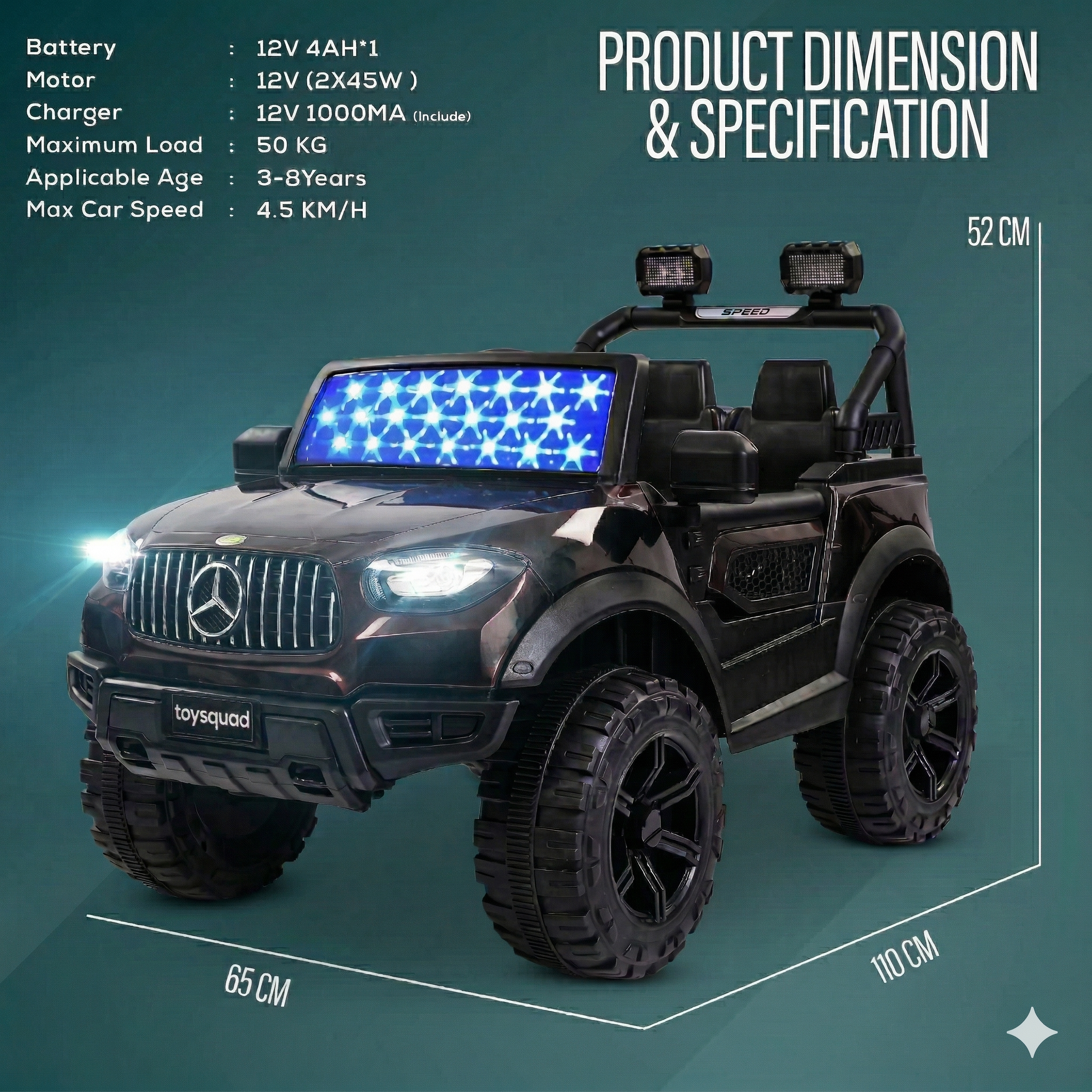 Toysquad Bnz jeep 4motor BLACK | windshield light and all music options