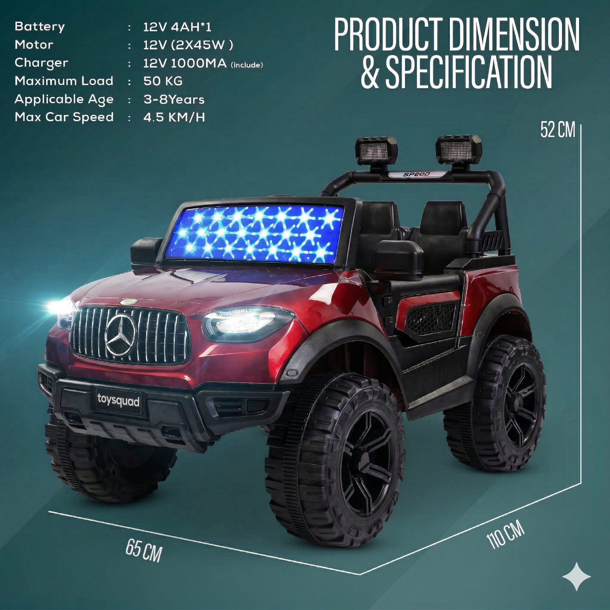 Toysquad Bnz jeep 4motor RED | windshield light and all music options