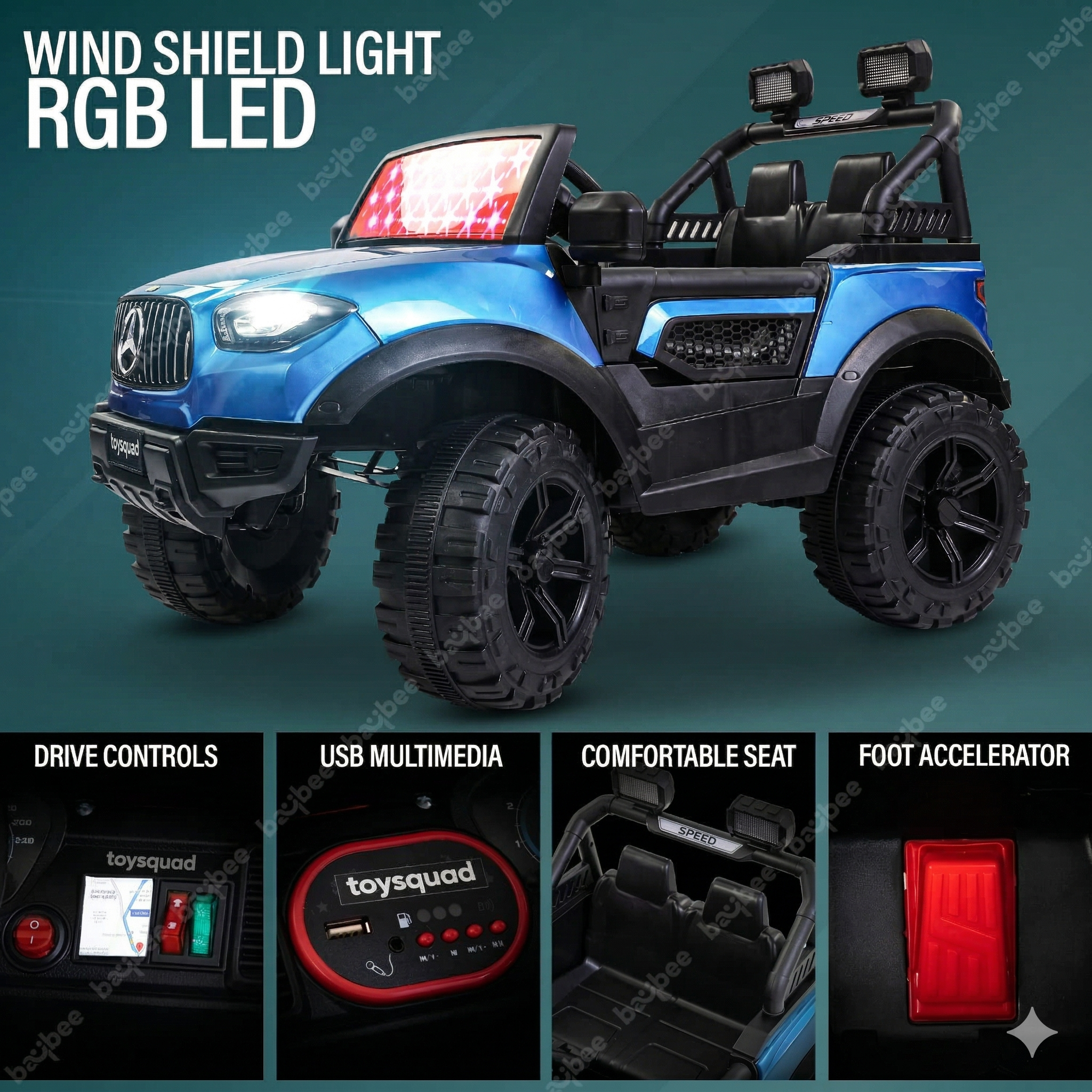 Toysquad Bnz jeep 4motor Blue | windshield light and all music options