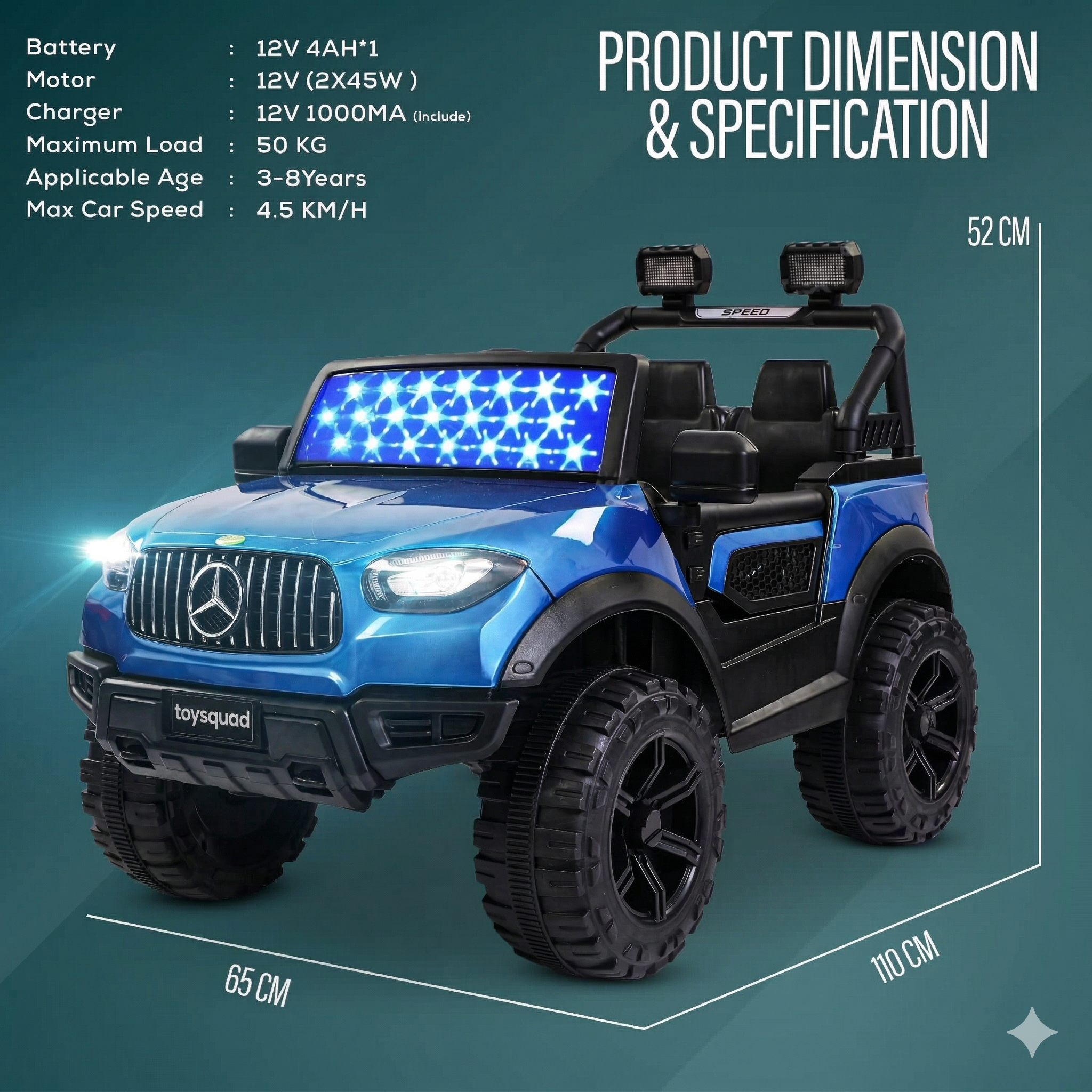 Toysquad Bnz jeep 4motor Blue | windshield light and all music options