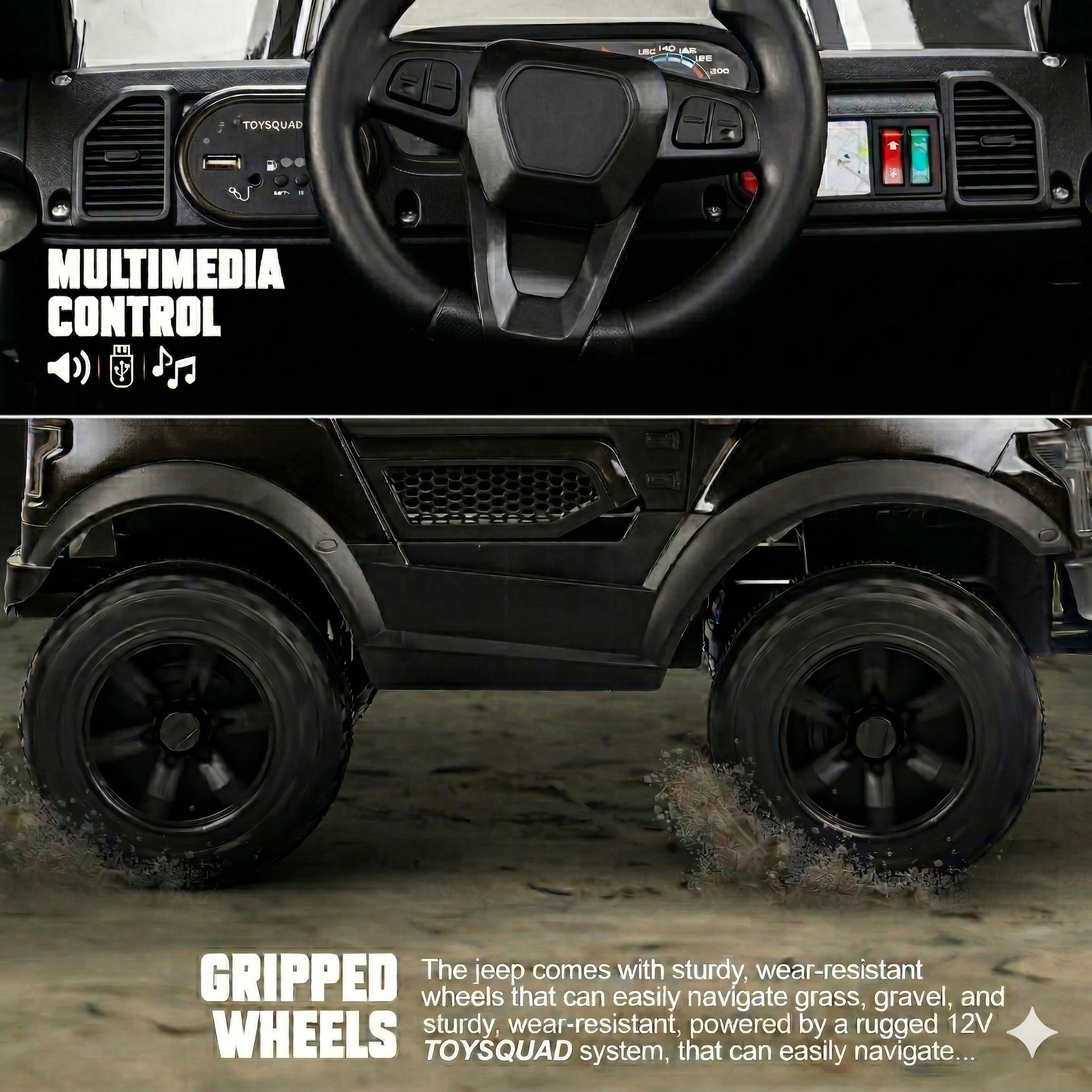Toysquad Pobo jeep 4motor Black | windshield light and all music options