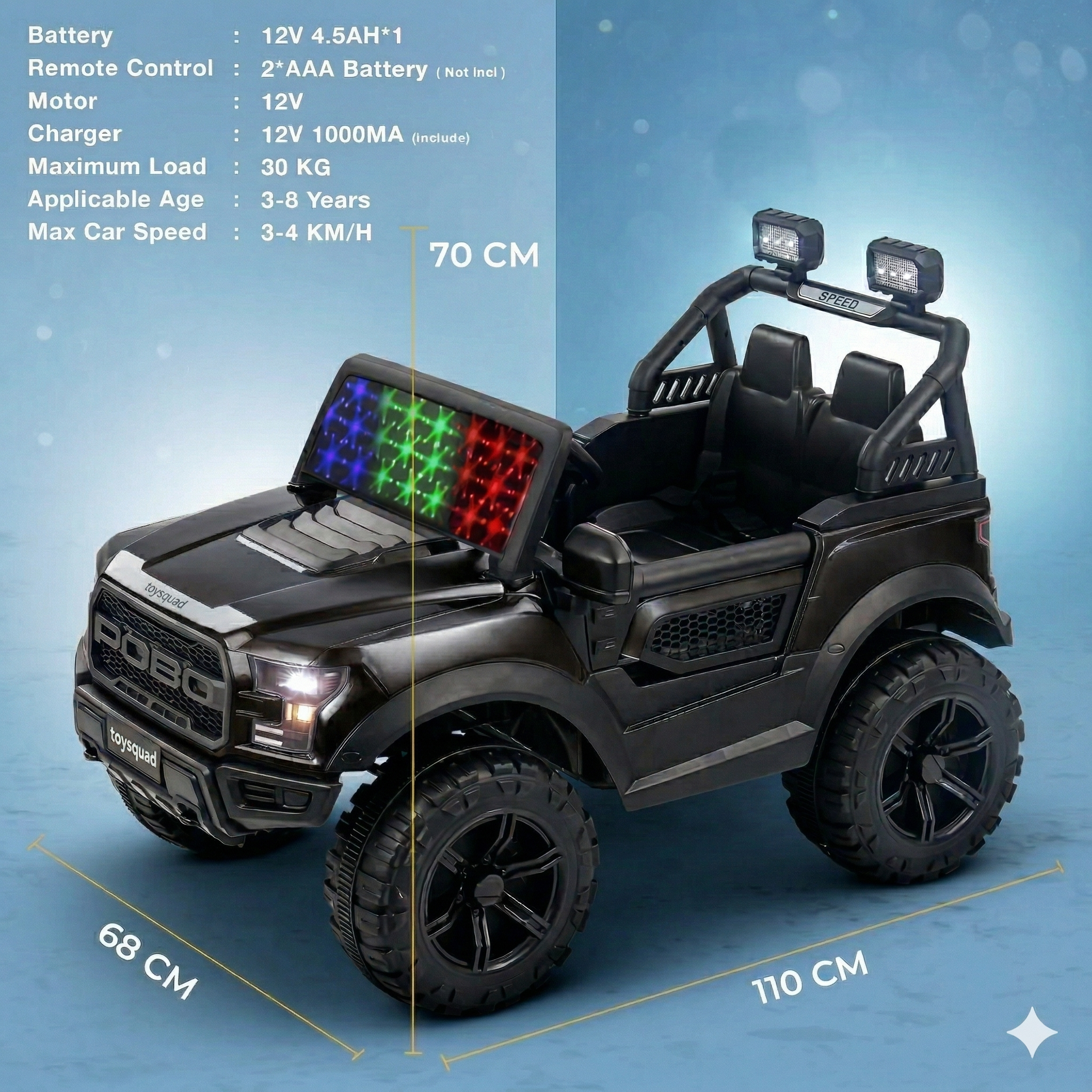 Toysquad Pobo jeep 4motor Black | windshield light and all music options