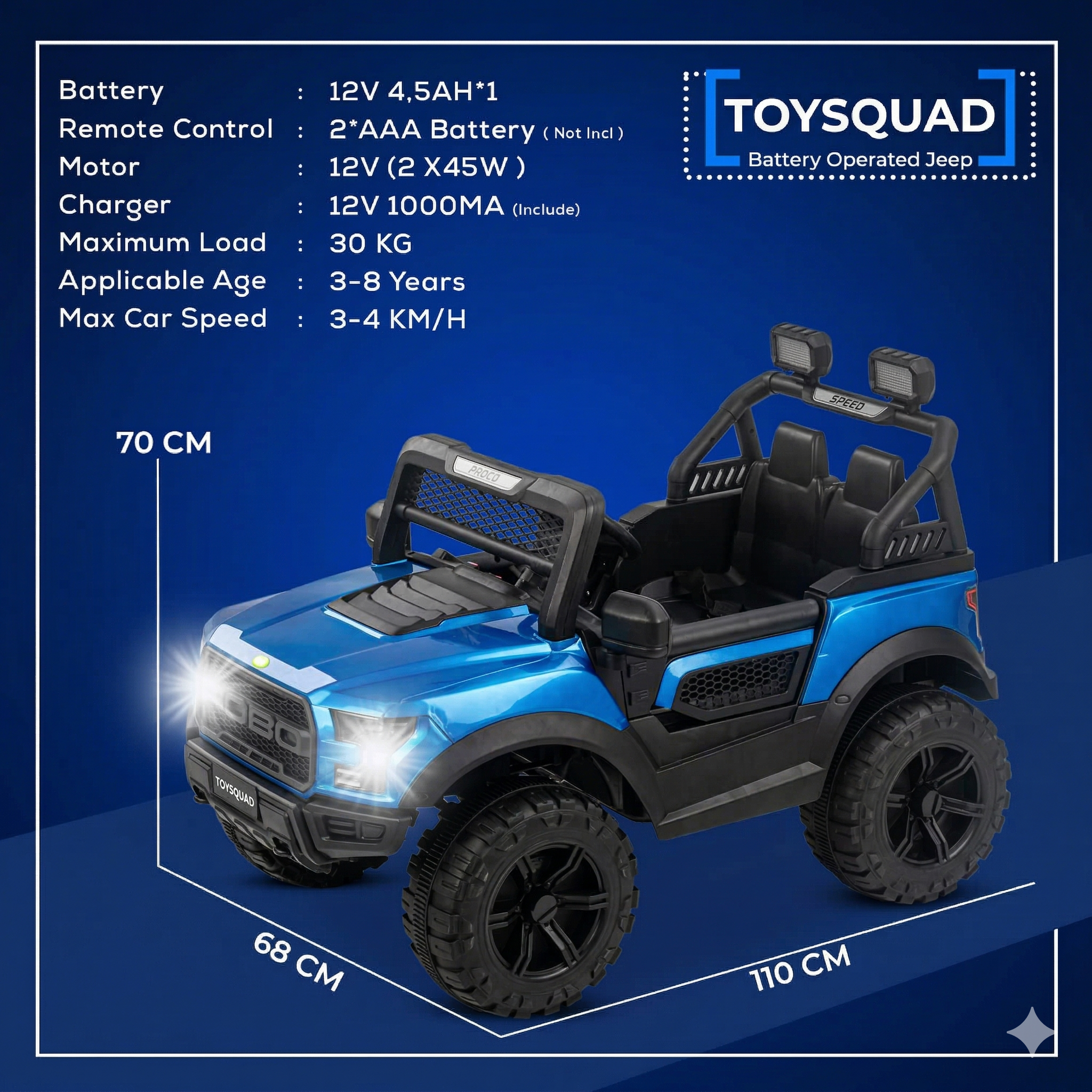 Toysquad Pobo jeep 4motor Blue | windshield light and all music options