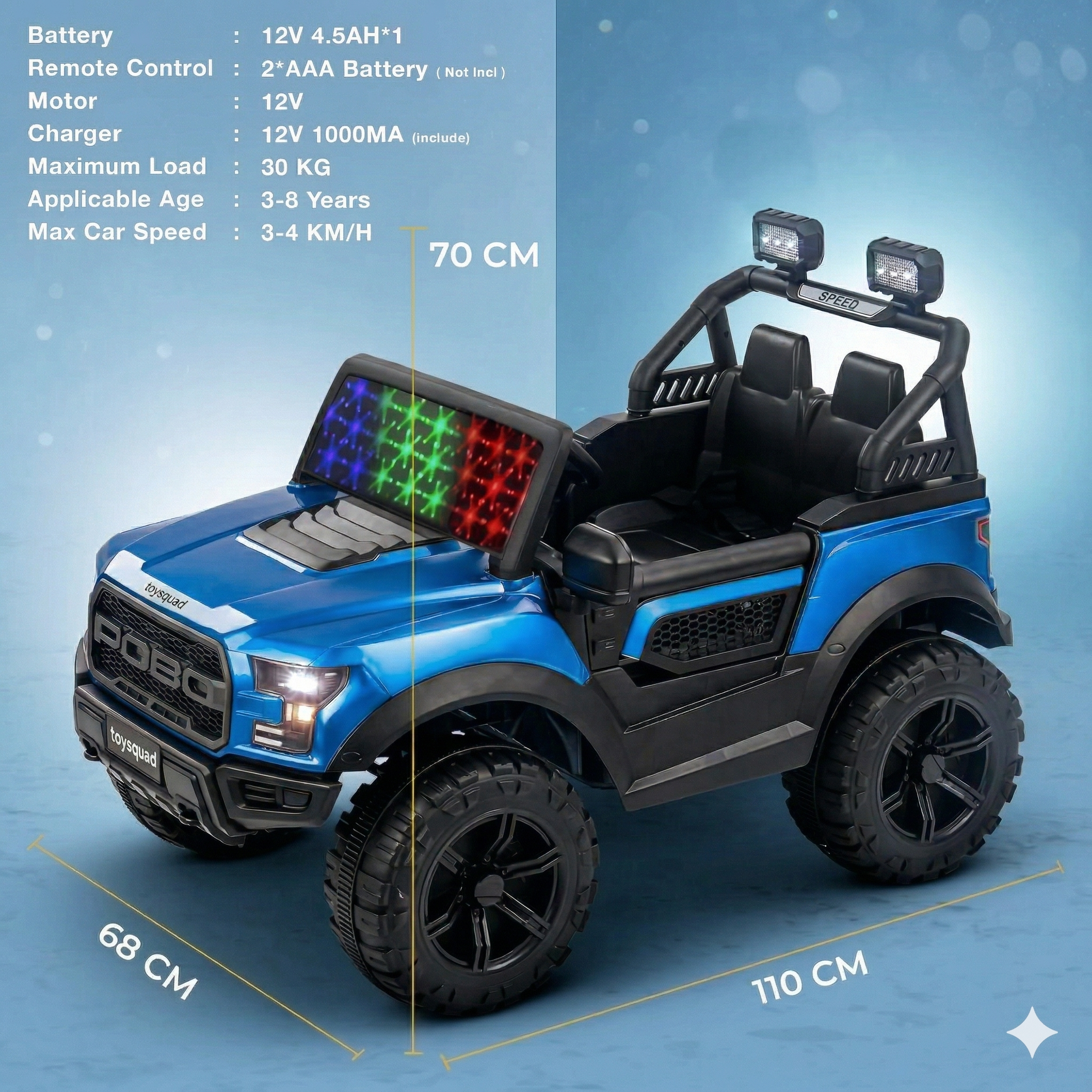 Toysquad Pobo jeep 4motor Blue | windshield light and all music options