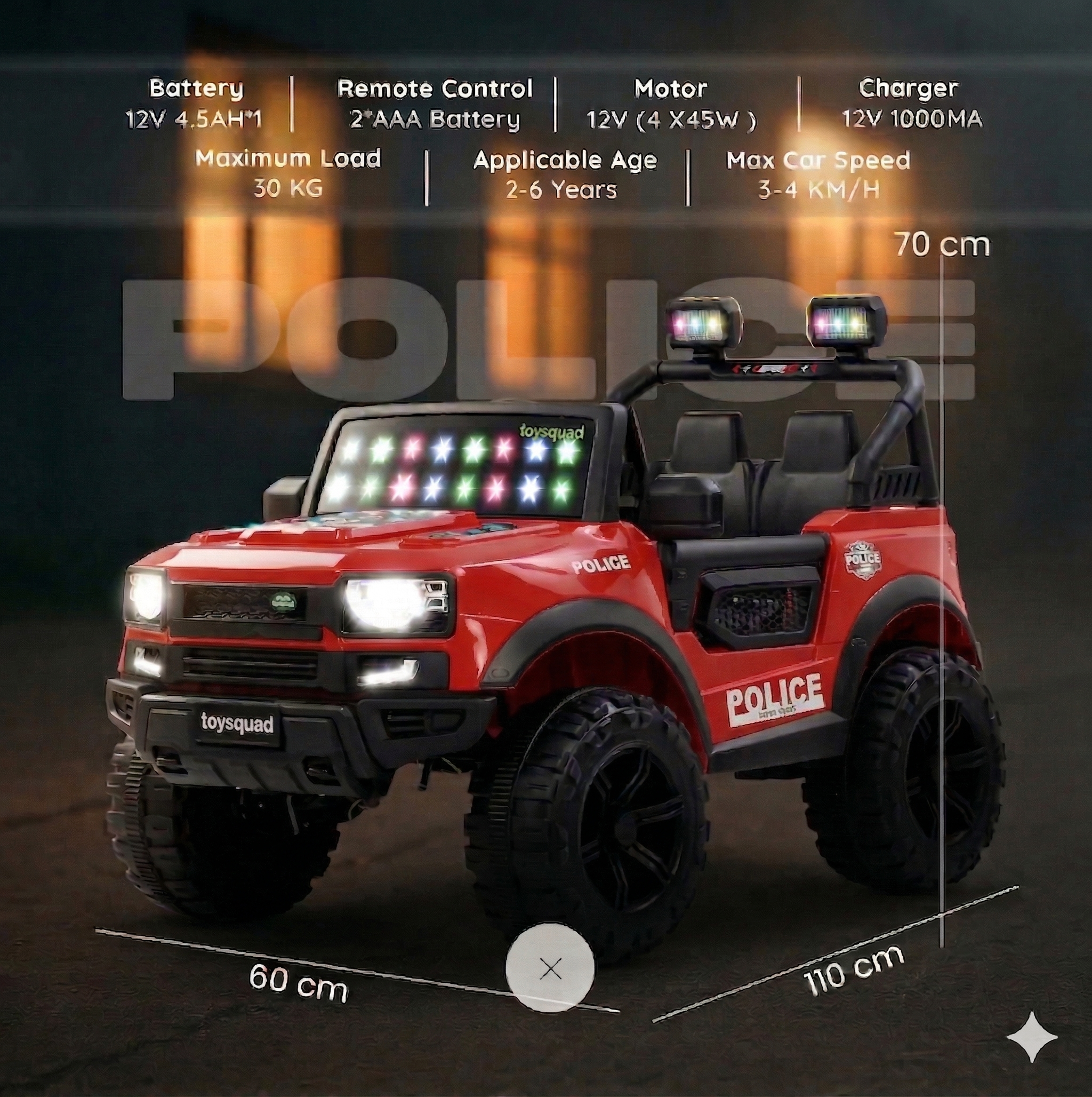 Toysquad Rover jeep 4motor RED | windshield light and all music options