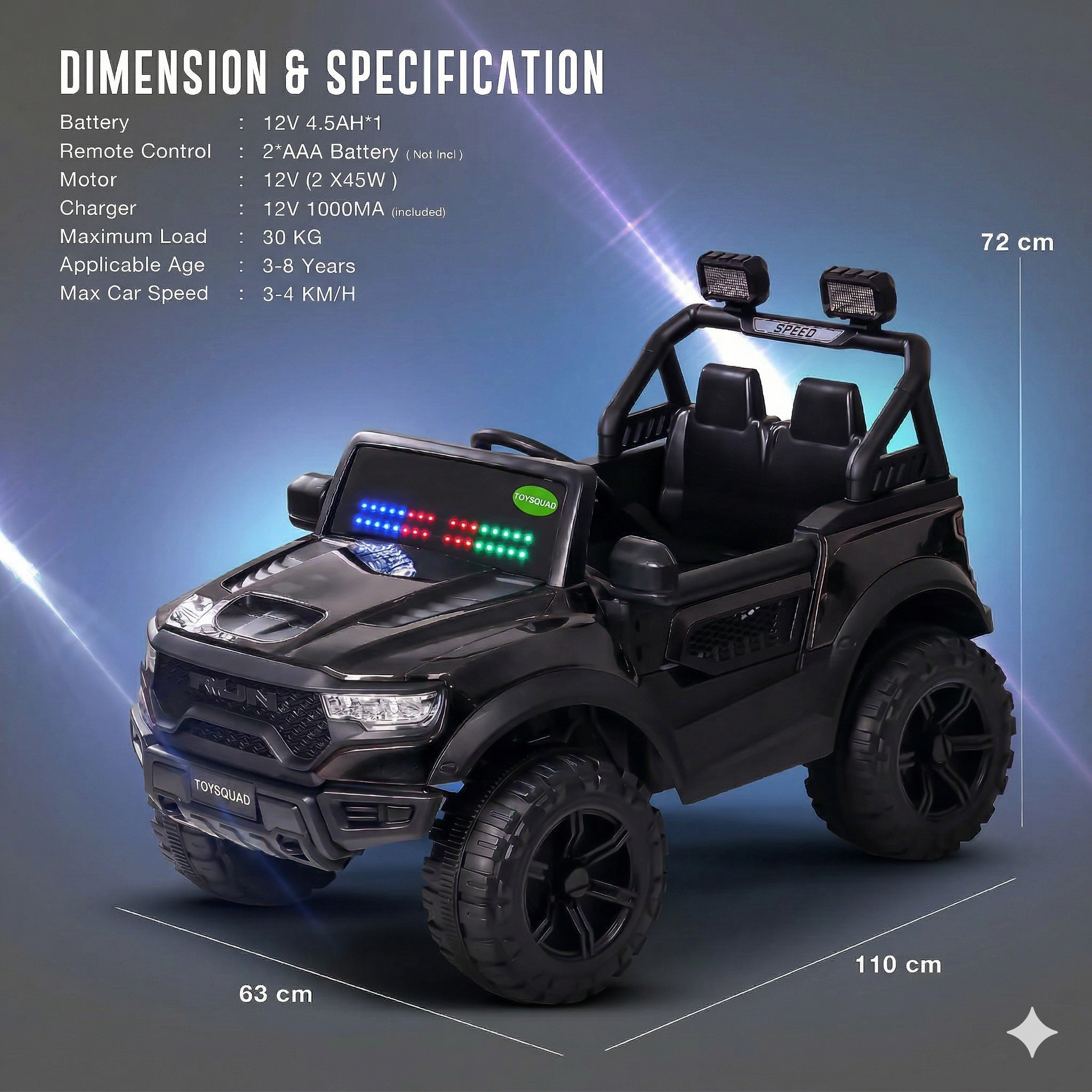 Toysquad Run jeep 4motor Black | windshield light and all music options