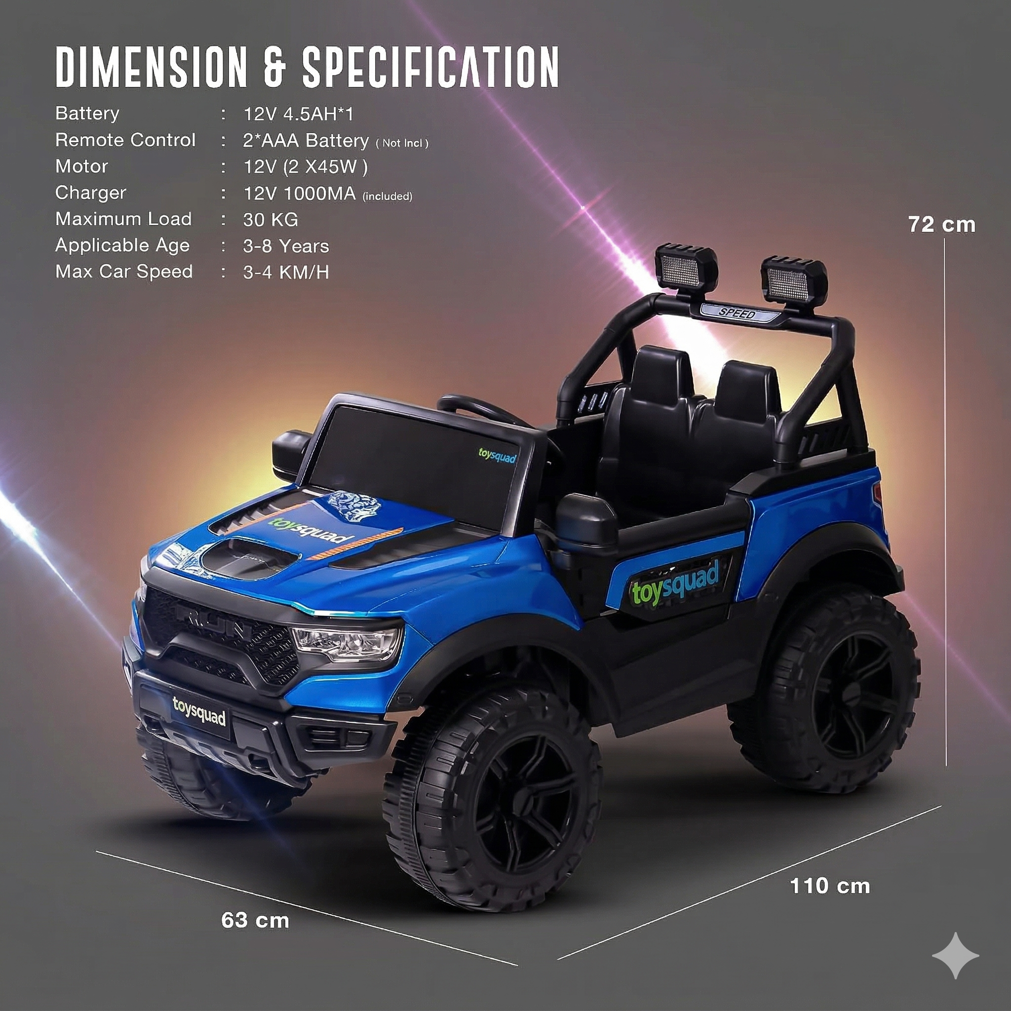 Toysquad Run jeep 4motor Blue | windshield light and all music options