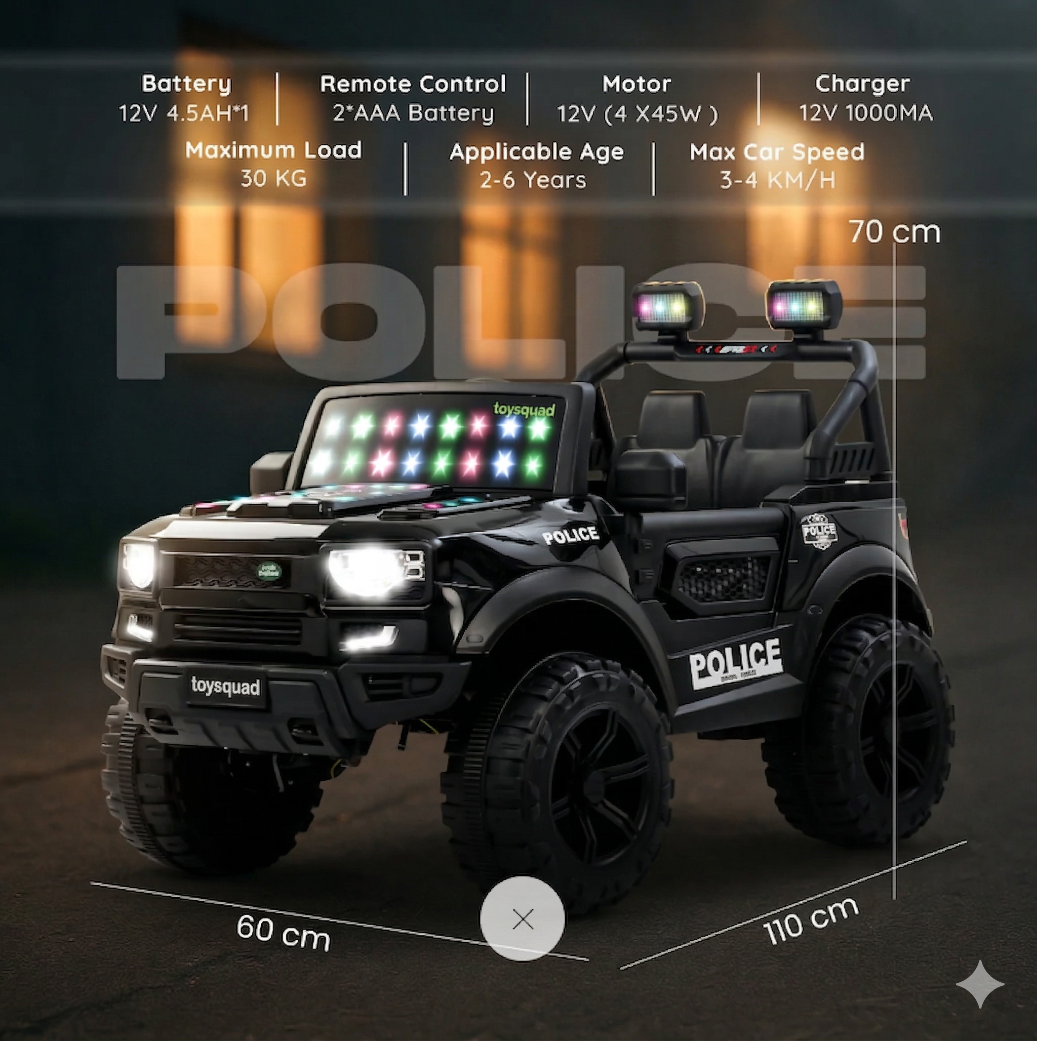 Toysquad Rover jeep 4motor Black | windshield light and all music options